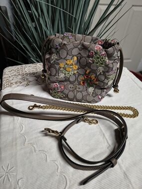 Coach Mini Drawstring Bag - Brown with Multi-Color Floral Embroidery